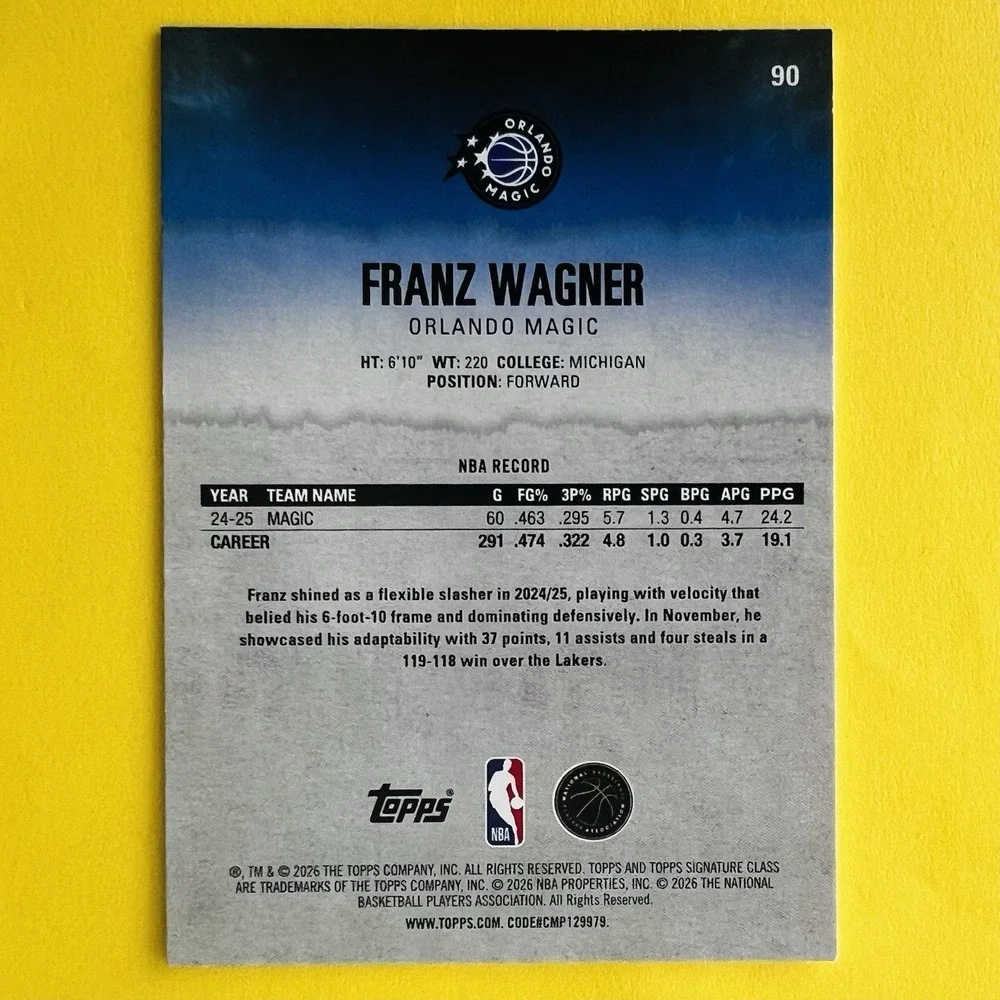 2025-26 Topps Signature Class Round‎ 1 Pick 8 Franz Wagner #90 Magic